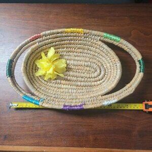Vintage Mexican hand woven oval straw fruit basket with handles Rainbow Colors